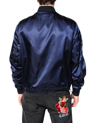 Blauer Nylon DG Crown Bomberjacke mit durchgehendem Reißverschluss