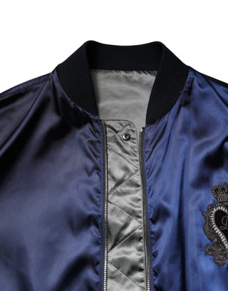 Blauer Nylon DG Crown Bomberjacke mit durchgehendem Reißverschluss