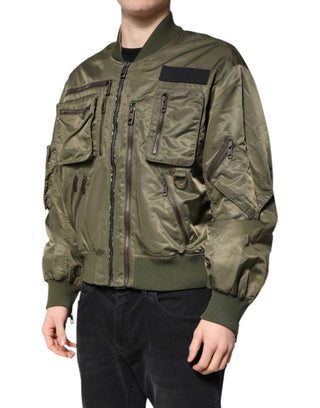 Green Nylon Full Zip Men Bomber Jacket