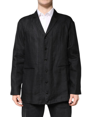 Schwarzer Leinen-Einreiher Blazer für Herren