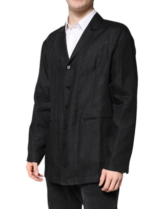 Schwarzer Leinen-Einreiher Blazer für Herren