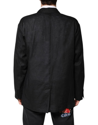 Schwarzer Leinen-Einreiher Blazer für Herren