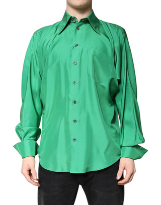 Camisa casual de manga larga de satén de seda verde