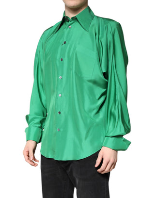 Camisa casual de manga larga de satén de seda verde