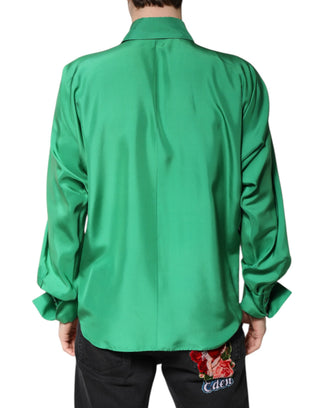 Camisa casual de manga larga de satén de seda verde