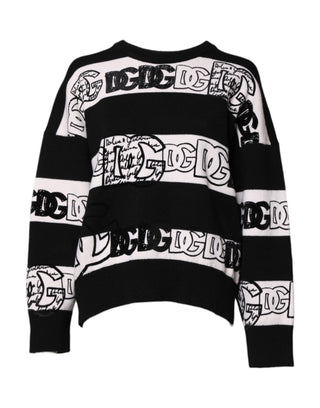 Schwarz-weißer Wollpullover mit Logo-Print