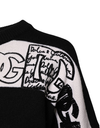 Schwarz-weißer Wollpullover mit Logo-Print