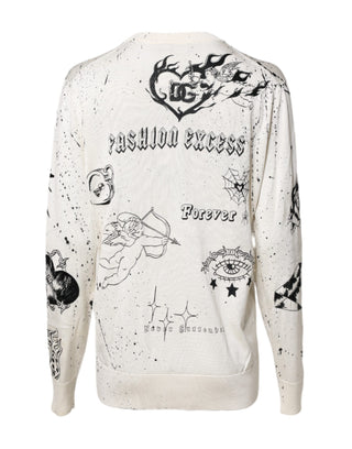 White Logo Angel Print Women Pullover Sweater