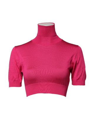 Rosa Seidenstrick-Rollkragen-Croptop
