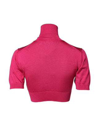 Rosa Seidenstrick-Rollkragen-Croptop