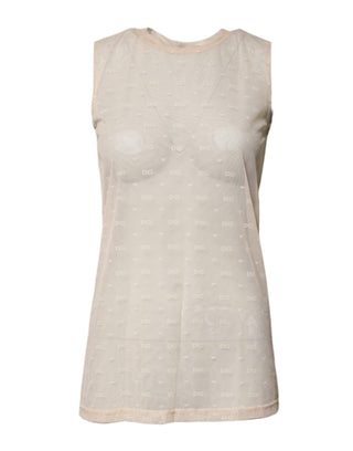 Top sin mangas color marfil de nailon con logo y transparencia