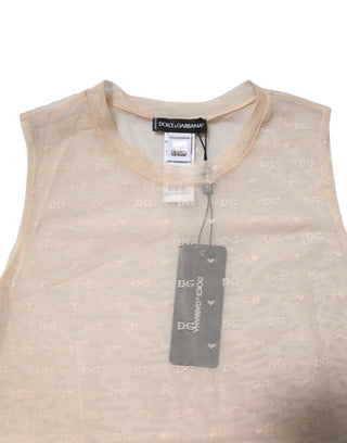 Top sin mangas color marfil de nailon con logo y transparencia