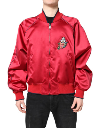 Chaqueta bomber para hombre roja con cremallera completa y parche floral  