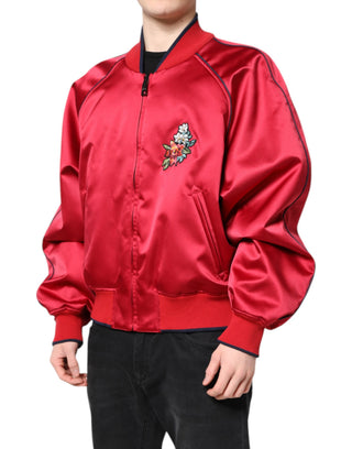 Chaqueta bomber para hombre roja con cremallera completa y parche floral  
