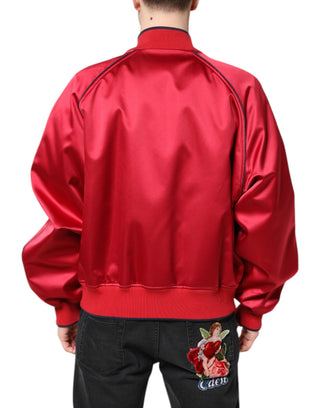 Chaqueta bomber para hombre roja con cremallera completa y parche floral  