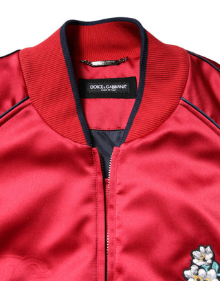 Chaqueta bomber para hombre roja con cremallera completa y parche floral  