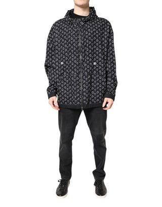 Schwarze Kapuzen-Windbreaker-Jacke mit Herz-Print