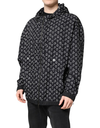 Schwarze Kapuzen-Windbreaker-Jacke mit Herz-Print