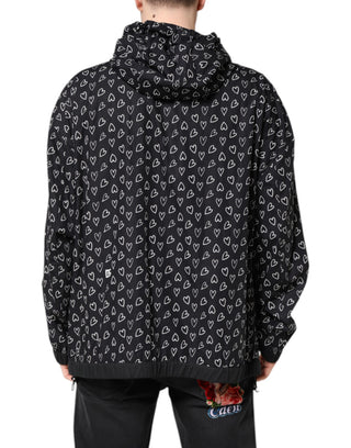 Schwarze Kapuzen-Windbreaker-Jacke mit Herz-Print