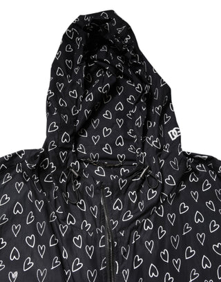 Schwarze Kapuzen-Windbreaker-Jacke mit Herz-Print