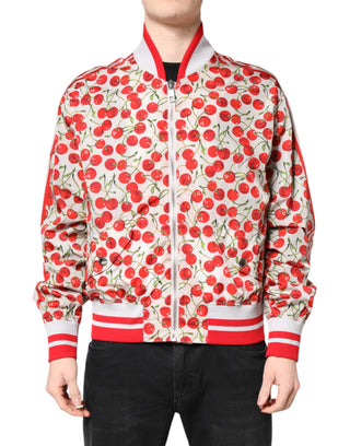 Chaqueta bomber blanca con cremallera completa y estampado de cerezas  