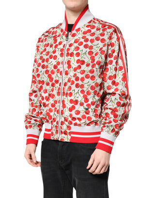 Chaqueta bomber blanca con cremallera completa y estampado de cerezas  