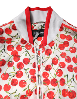 Chaqueta bomber blanca con cremallera completa y estampado de cerezas  