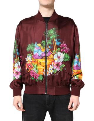 Chaqueta bomber granate con cremallera completa y estampado floral  