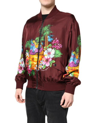 Chaqueta bomber granate con cremallera completa y estampado floral  