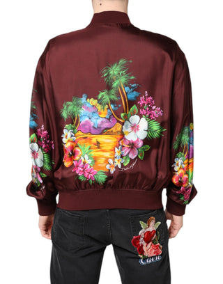 Chaqueta bomber granate con cremallera completa y estampado floral  