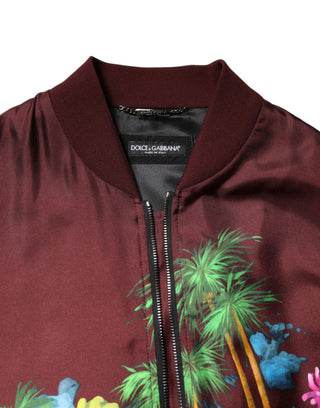 Chaqueta bomber granate con cremallera completa y estampado floral  