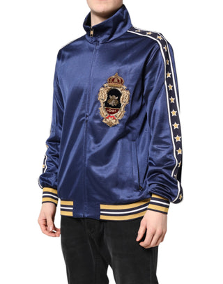 Blue Nylon Logo Patch Men Bomber Sweater