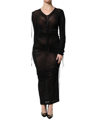 Vestido ajustado negro con ribete de malla y manga larga  