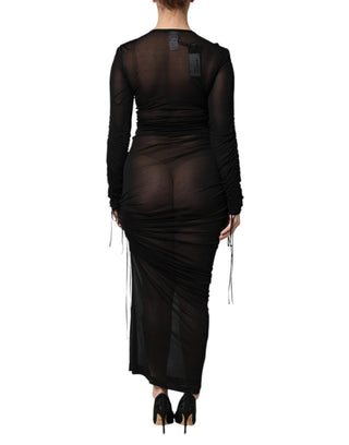 Vestido ajustado negro con ribete de malla y manga larga  
