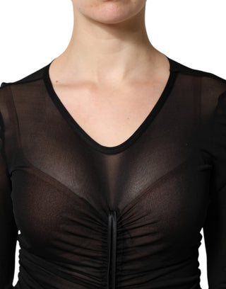 Vestido ajustado negro con ribete de malla y manga larga  