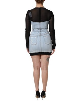 Vestido corto de mezclilla azul y negro con mangas largas  
