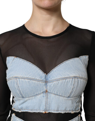 Vestido corto de mezclilla azul y negro con mangas largas  
