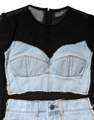 Vestido corto de mezclilla azul y negro con mangas largas  