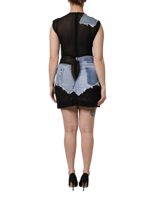 Vestido corto de mezclilla azul y negro sin mangas  
