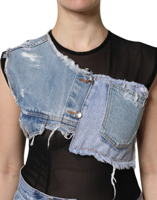 Vestido corto de mezclilla azul y negro sin mangas  