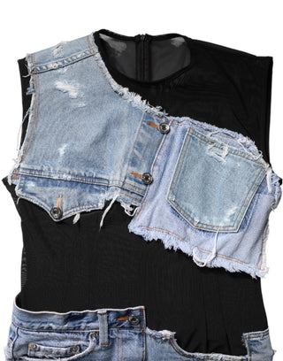 Vestido corto de mezclilla azul y negro sin mangas  