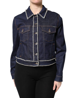 Blaue Jeansjacke mit Kristallverzierung aus Baumwolle