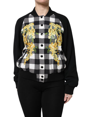 Schwarz-weiß karierte Blumenjacke mit Knopfleiste