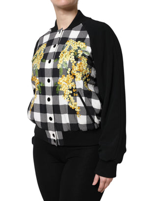 Schwarz-weiß karierte Blumenjacke mit Knopfleiste