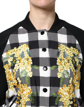Schwarz-weiß karierte Blumenjacke mit Knopfleiste