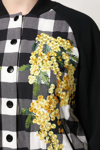 Schwarz-weiß karierte Blumenjacke mit Knopfleiste