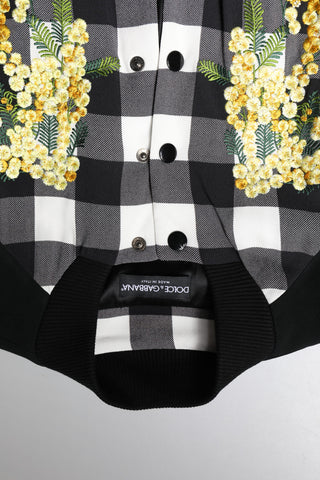 Schwarz-weiß karierte Blumenjacke mit Knopfleiste