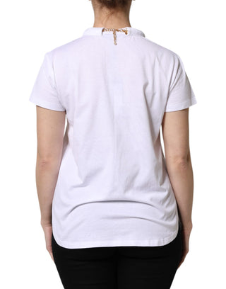 Weißes Perlenbaumwoll-T-Shirt mit Rundhalsausschnitt