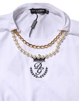 Weißes Perlenbaumwoll-T-Shirt mit Rundhalsausschnitt