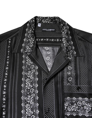 Black Silk Floral Print Short Sleeves Shirt
